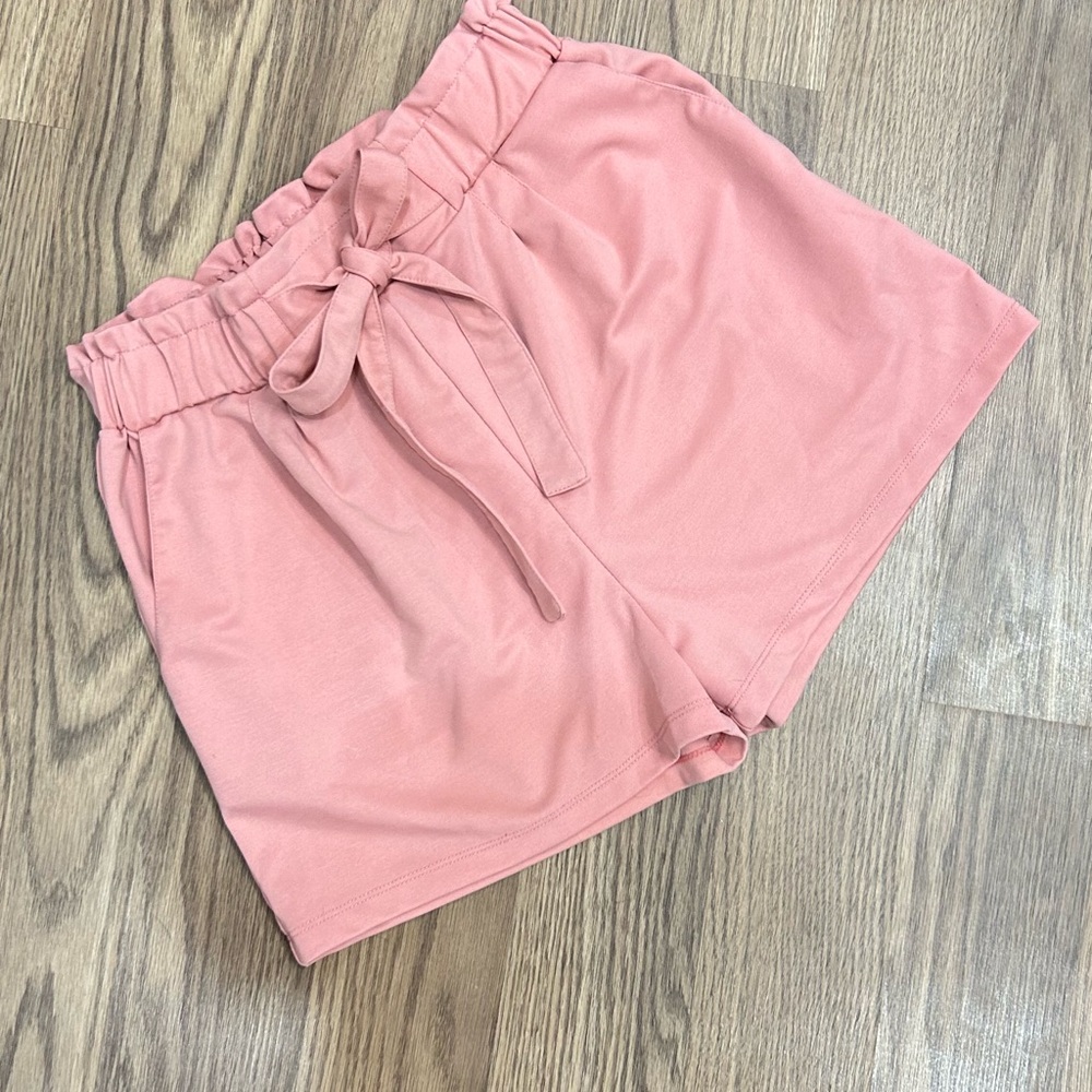 High Waist Pink Women's Shorts with Tie Belt